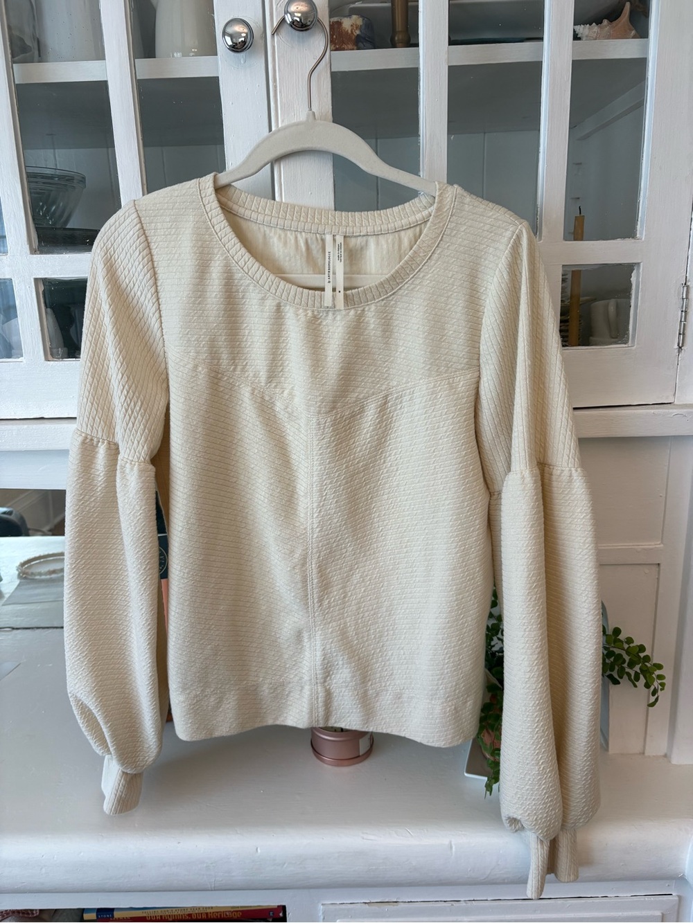 Anthropologie Cream Ribbed Knit Balloon-Sleeve Top